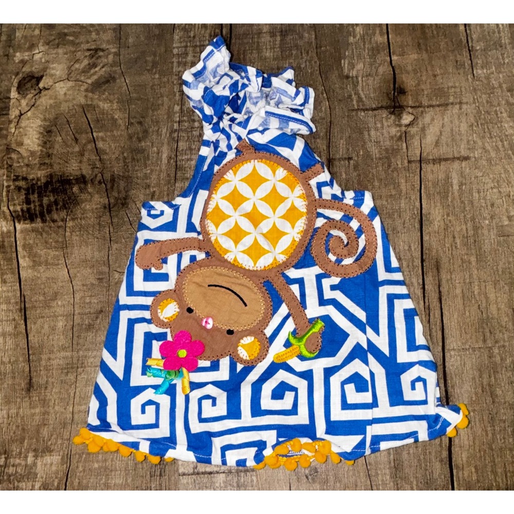 Mud Pie Baby Girl Monkey Applique Pom Pom Trim Top Blue White Greek Key 6-9M